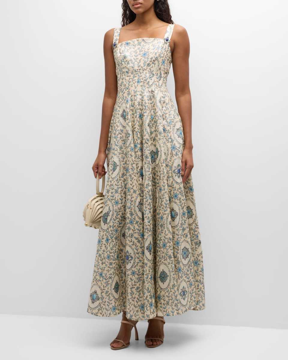 Aguamarina Platero Floral Linen Maxi Pinafore Dress